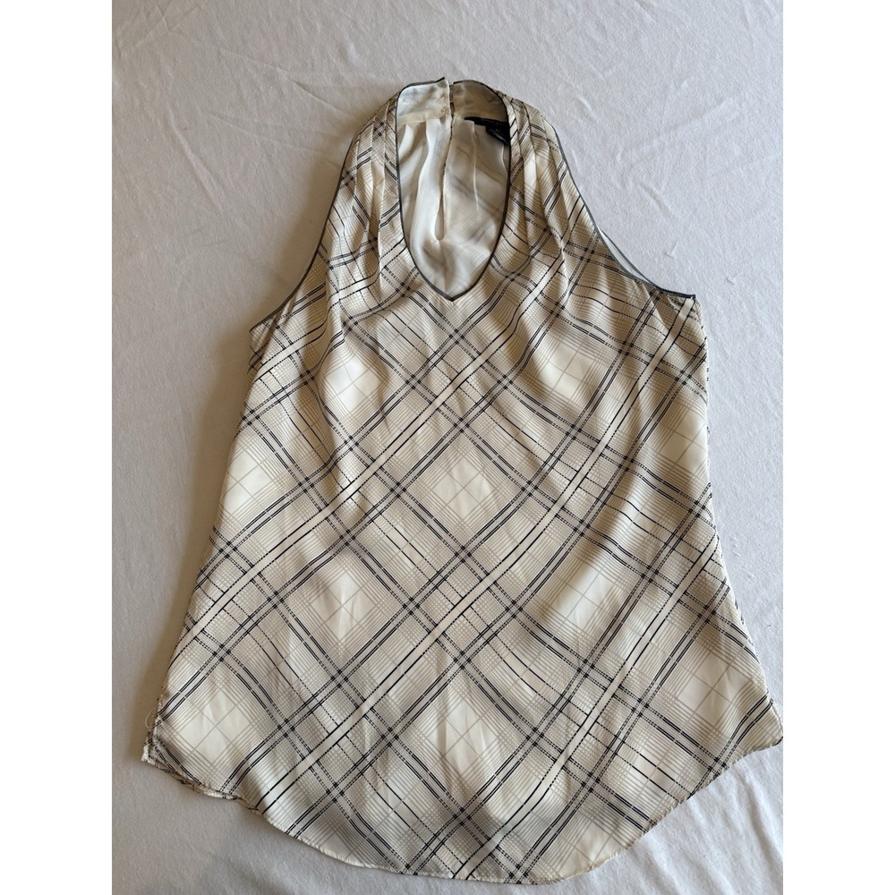 White House Black Market Ivory Plaid Sleeveless Blouse XS Button Back Career